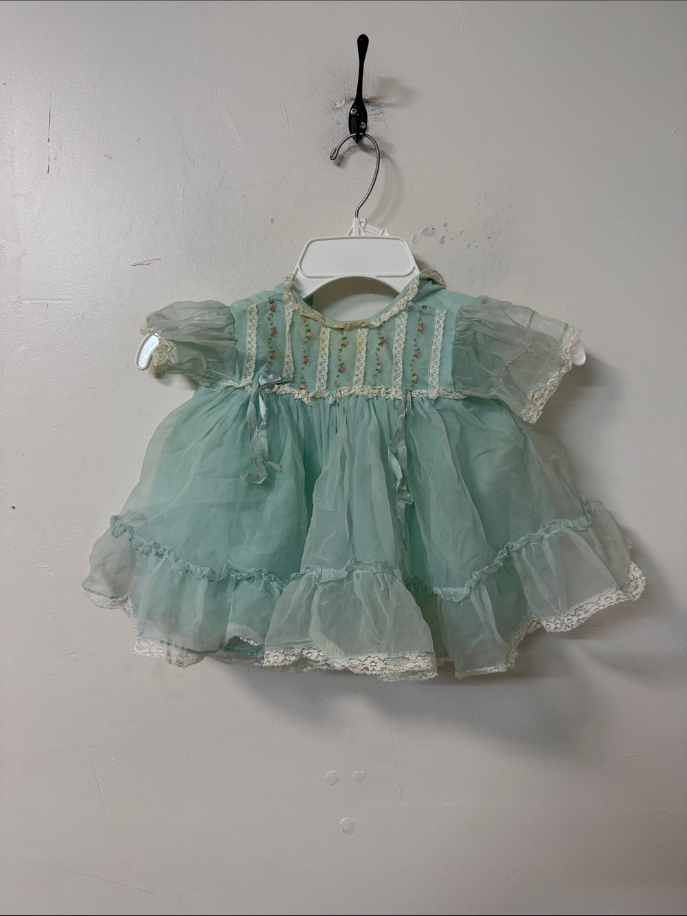 Nannette Mint Green blue Sheer Baby Girl Dress with Lace Trim
